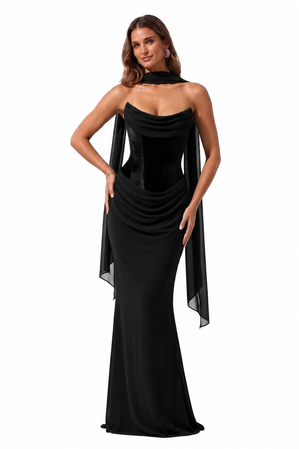 Trumpet-Mermaid Floor Length Velvet Chiffon Special Occasion Dress CS1098 - Black - COCOMELODY